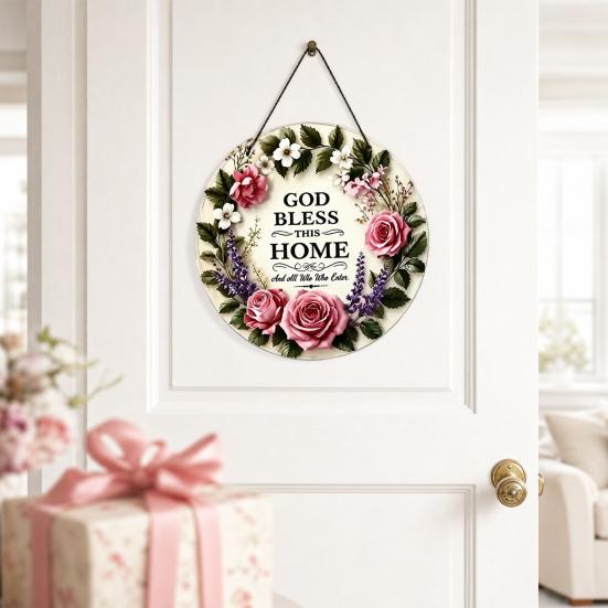 Gott Segne Dieses Haus Holzschild für Tür, Runde Florale Wanddekoration, Christliches Glaubens-Segensschild, Warme Willkommens-Veranda-Hängedekoration, Bedeutungsvolle Einweihungsfeier
