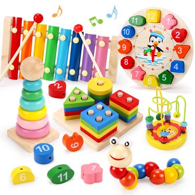 Qizebaby Wooden Toys for 2 and 3 Years Old Montessori Educational Toys 6 PCS Wooden Learning Toys Shape Matching Toys Musical Glockenspiel Wooden