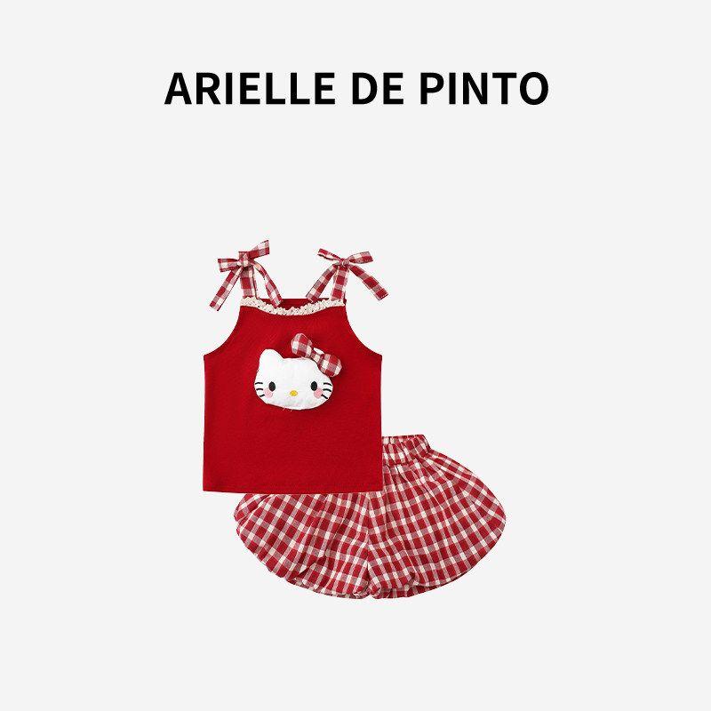 French Arielle De Pinto Girls  Suit, New Summer Style, Stylish and Sweet Suit, Suspender Plaid Suit Red 90