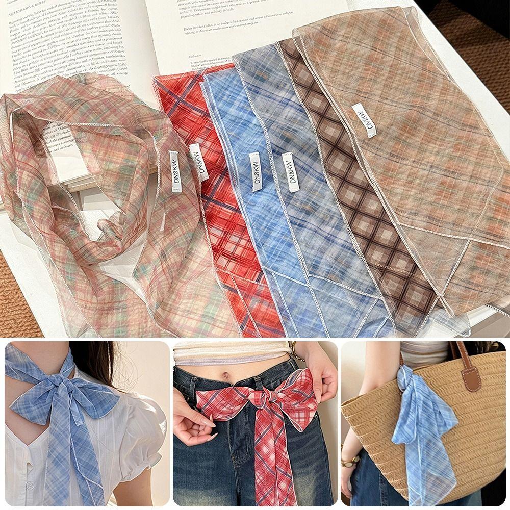 Long Striped Checkered Silk Scarf for Women Lattice Women Summer Scarf New Neck Scarf