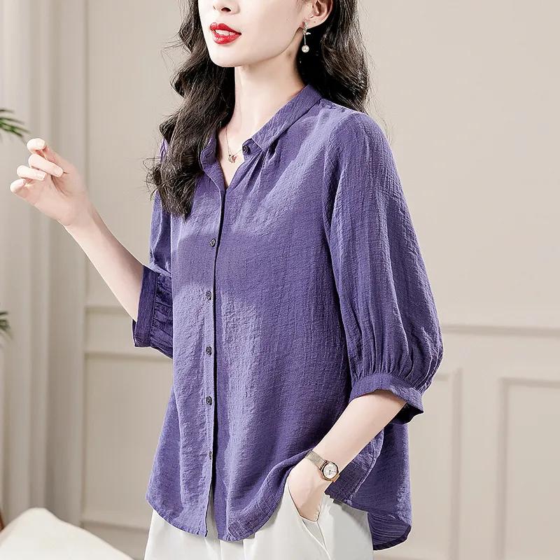 

Summer Women s Textured Button Down Shirt 3/4 Sleeve Puff Blouse Top XL фіолетовий