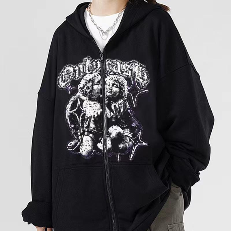 Dark Butterfly Gothic Oversized Zip-Up Hoodie for Couples - Unisex Y2K Style