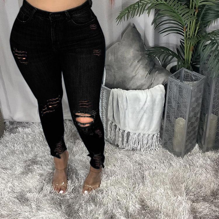 

Модные женские джинсы скинни с высокой талией, женские джинсовые брюки, повседневные брюки-карандаш с дырками, брюки-карандаш XS чёрный