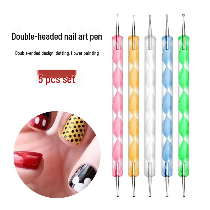 Sada per pro zdobení nehtů: 5 akrylových oboustranných tečkovacích per se spirálovou tyčinkou a tečkovací jehlou pro kamínky