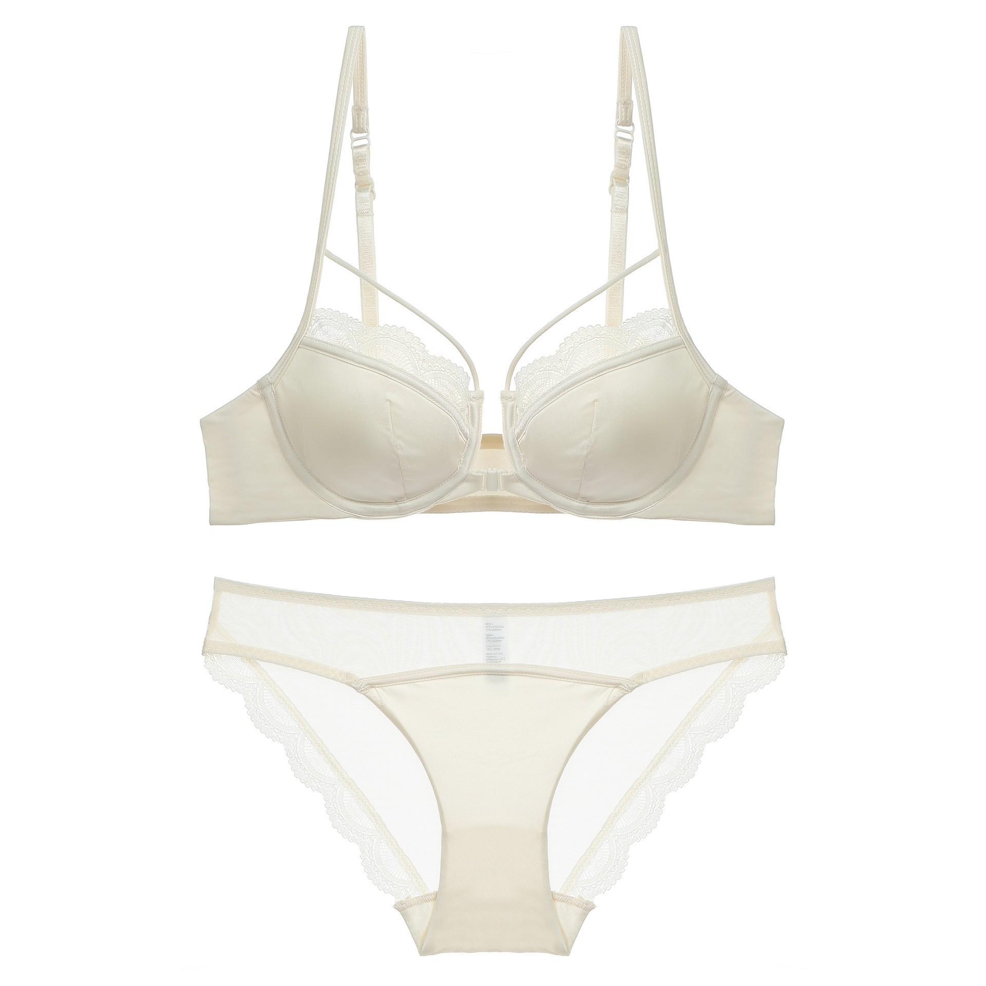 

Summer sexy underwear French thin glossy front buckle beautiful back underwear big chest small anti-sagging lace bra cover 70B абрикосовий