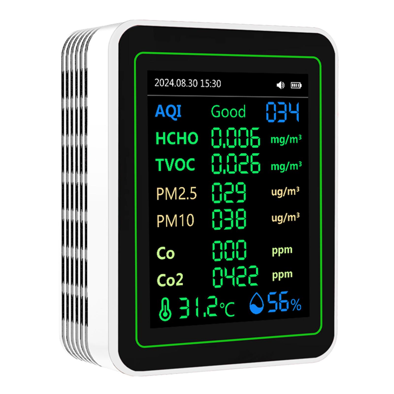 

Детектор качества воздуха Тестер качества воздуха CO2 HCHO TVOC PM2.5 PM10 Датчик температуры и влажности Экран Детектор качества воздуха белый