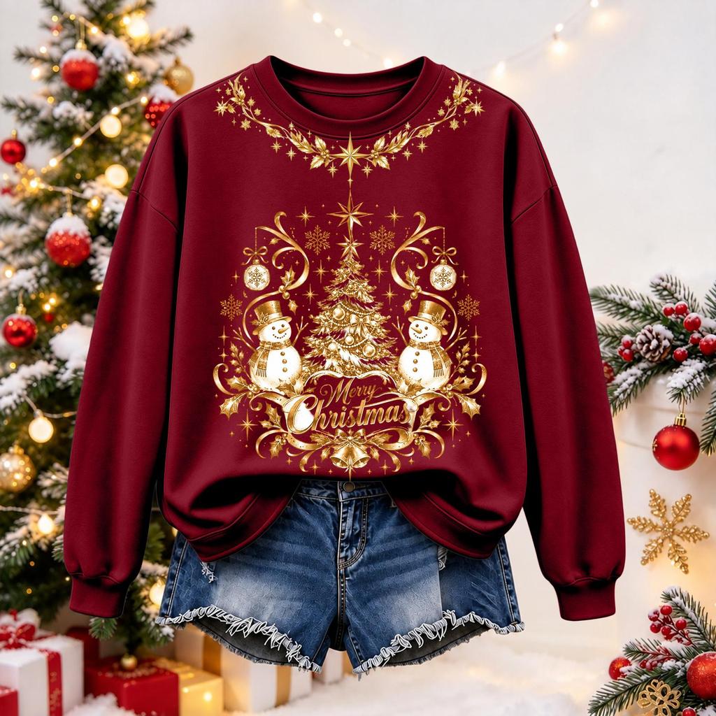 Women's Christmas Print Long Sleeve Top Casual Winter Comfortable Blouse for Holiday Wear