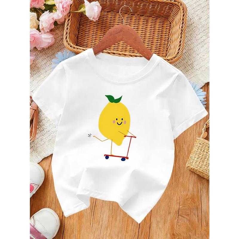 European Sizes Cartoon Lemon Skateboard Pattern Girls' Summer Short Sleeve T-Shirt, Breathable Comfortable Fashion Print Top