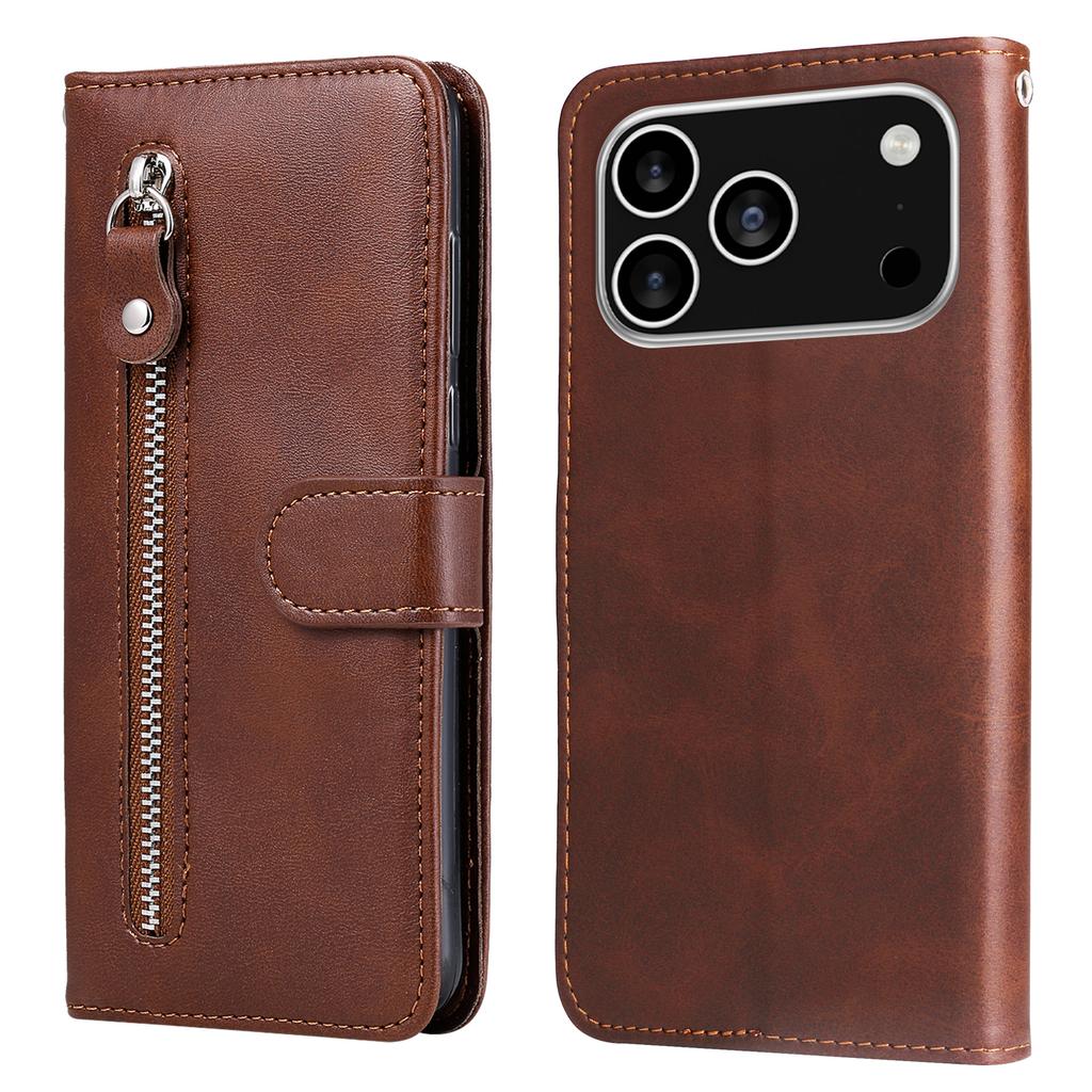For iPhone 17 Pro PU Leather Cases with Zipper Pocket Wallet Phone Cover Stand