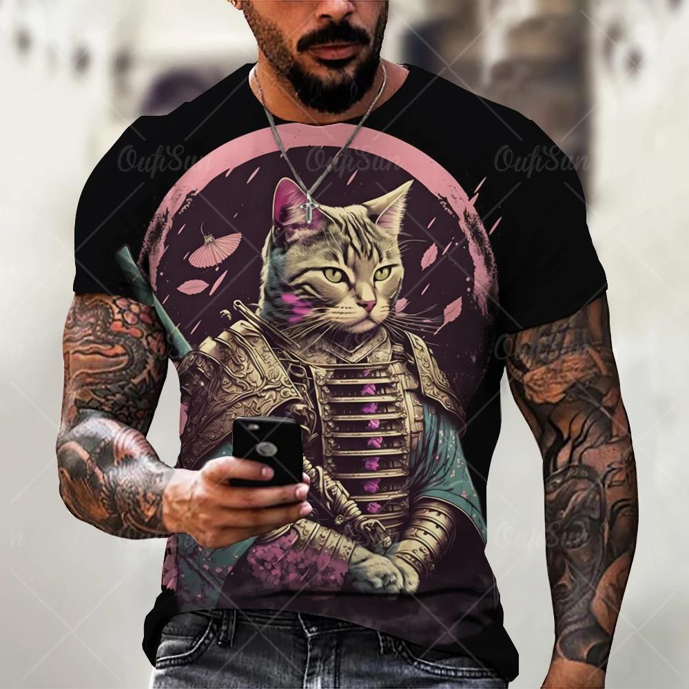 Japanese Samurai Cat Printed Men's T Shirts Funny 3D Animal Graphic T-Shirts Summer Casual O-neck Loose Tops Short Sleeve Tees