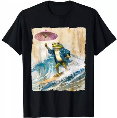 Japanese Frog Surfing Wave Funny Graphic Japan T-shirt, Size S-4XL
