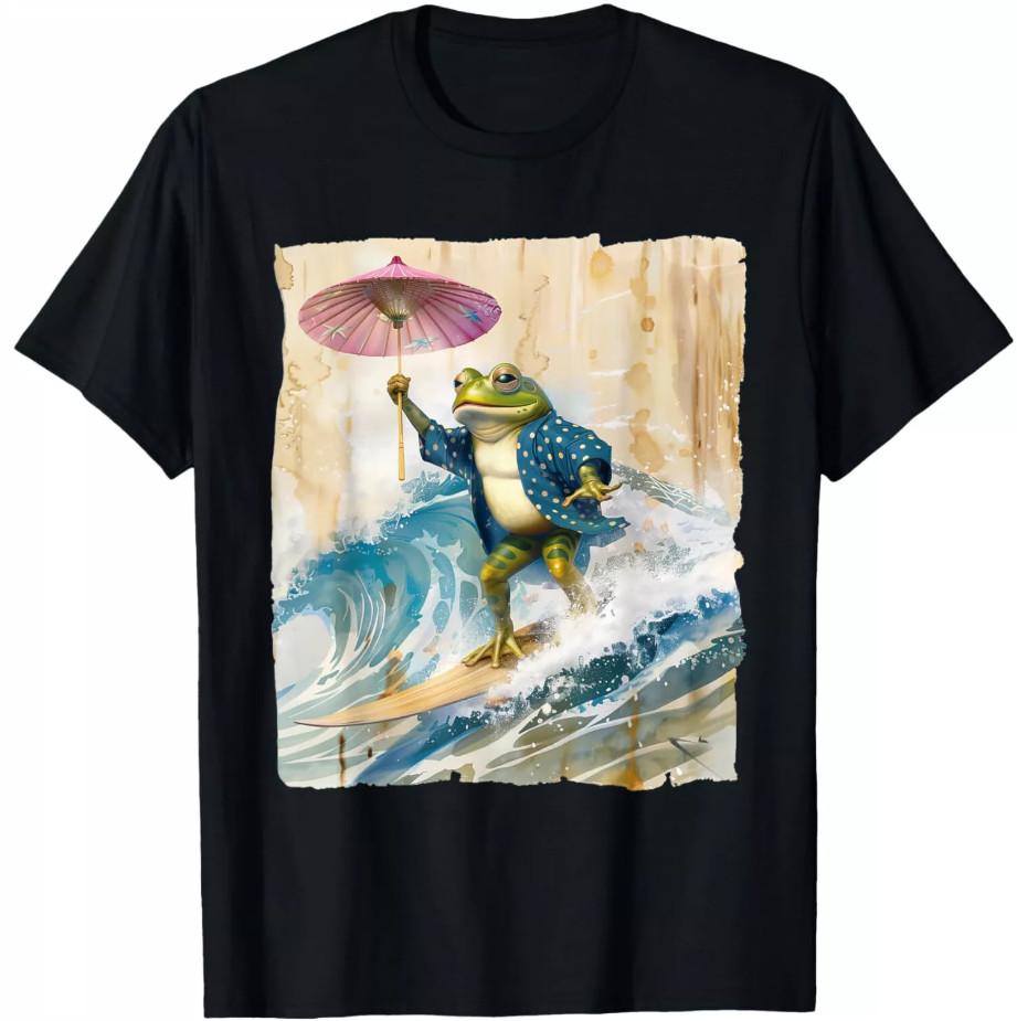 

Japanese Frog Surfing Wave Funny Graphic Japan T-shirt, size S-4XL 3XL