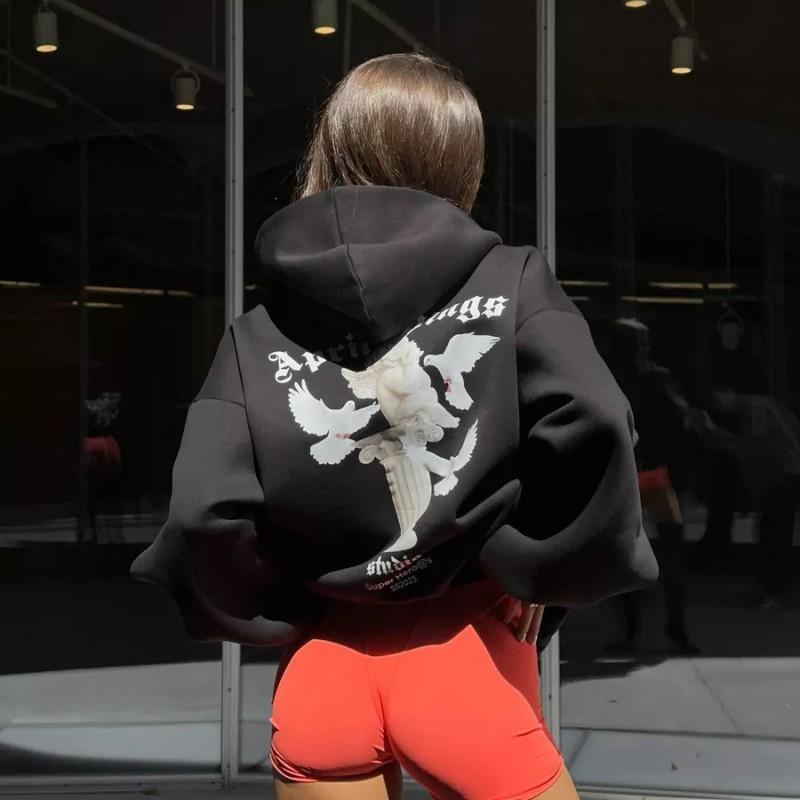 2026 Womens Oversized Hooded Zip-Up Sweatshirt Streetwear Graphic Print Loose Fit Long Sleeve Casual Top