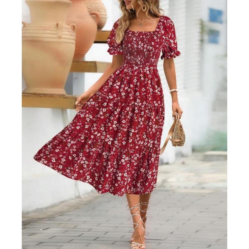 Women's Printed Square Neck Waisted Bubble Sleeve Layered Dresses