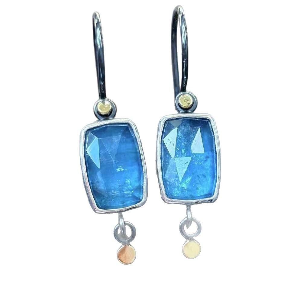 Retro Geometric Blue Gemstone Earrings for Women, Elegant Versatile Fashion Jewelry