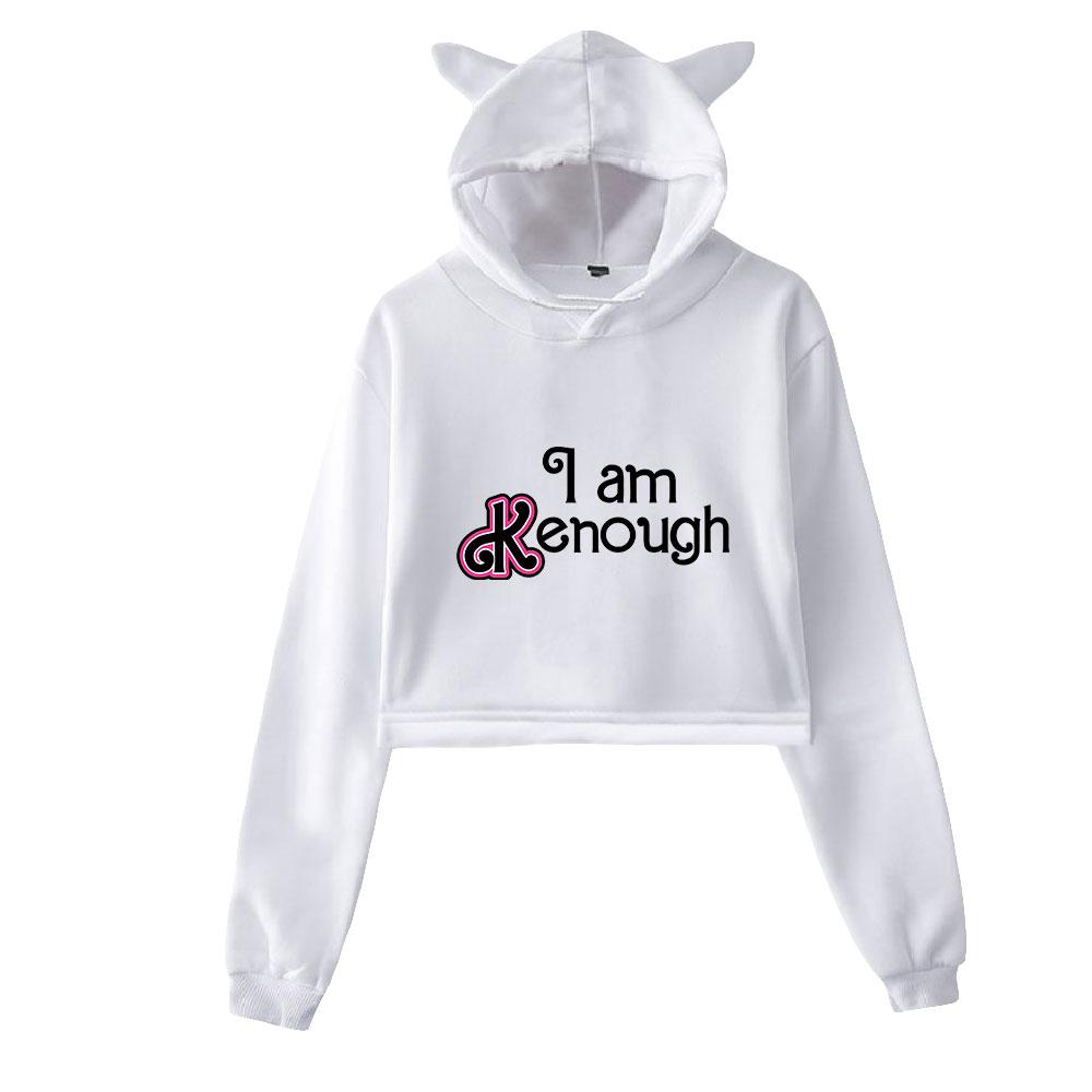 NEW Women's Long Sleeve Crop Top Hoodie Barbie I Am Kenough Printed Hoody with Cute Cat Ear