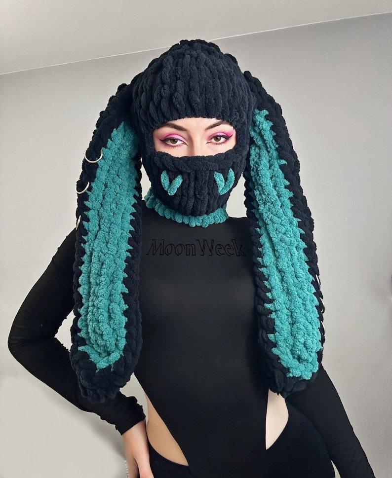 New Devil Horn Mask Thickened Fleece Knitted Hat Ice Strip Line Warm Neck Protection Punk Sweet Cool Wind Headgear Winter