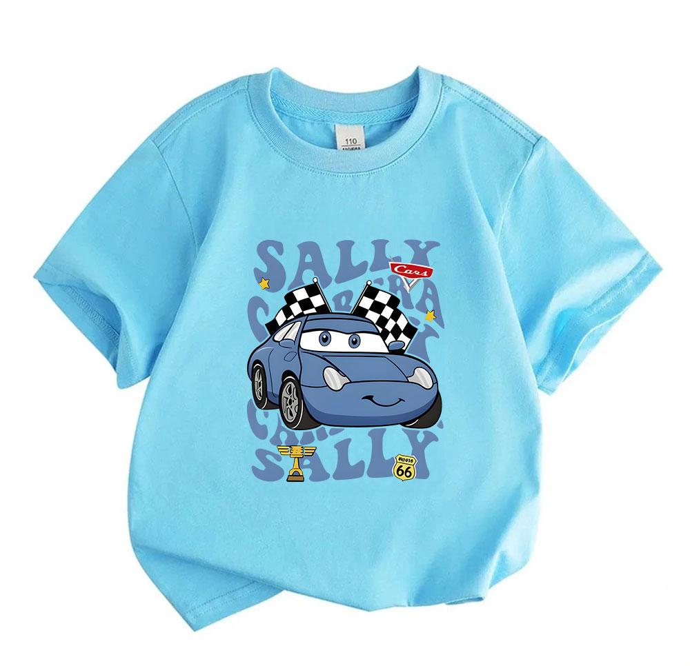 Kids Boys Girls 100% Cotton Crew Neck Short Sleeve T-Shirt, Cute Blue Racing Car Checkered Flag Print Casual Soft Tees for Toddlers Children Daily Wea