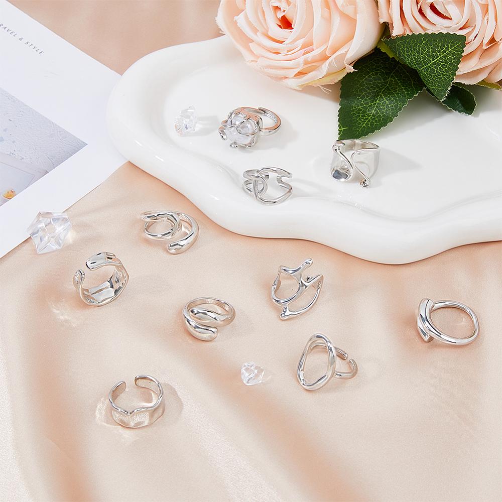 10Pcs 10 Style Alloy & Stainless Steel Open Cuff Ring, Teardrop & Twist & Knot, Platinum, Inner Diameter: 14.5~19.3mm, 1Pc/style