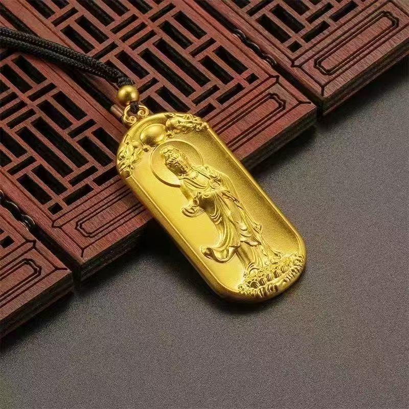 Golden Hannya Kannon Pendant Necklace - Unisex Buddha Heart Sutra Pendant for Safety and Serenity.