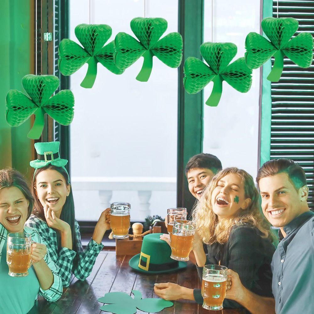 5Pcs Green Clover Honeycomb Hanging Pendant Paper Honeycomb Hanging Ornament  for Home