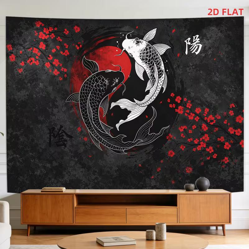 2D Traditional Cherry Blossom Koi Tapestry Yin Yang Wall Hanging 47.2x31.5inch/120*80cm
