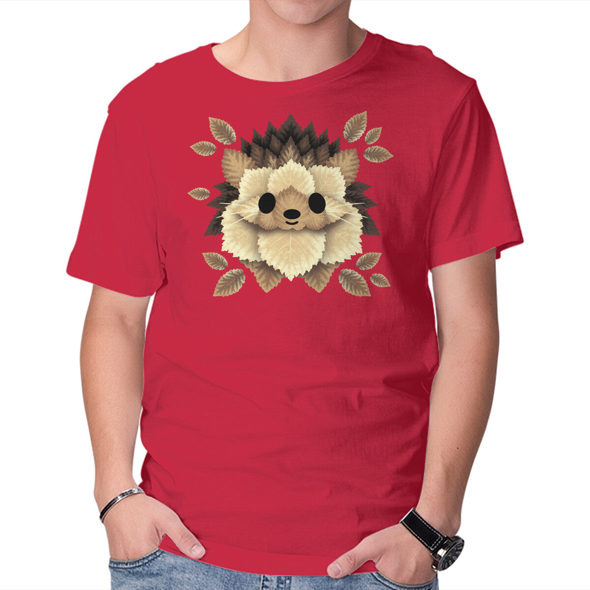 Unisex Crew Neck T-Shirt Hedgehog Of Leaves Graphic Short Sleeve Casual Tee S