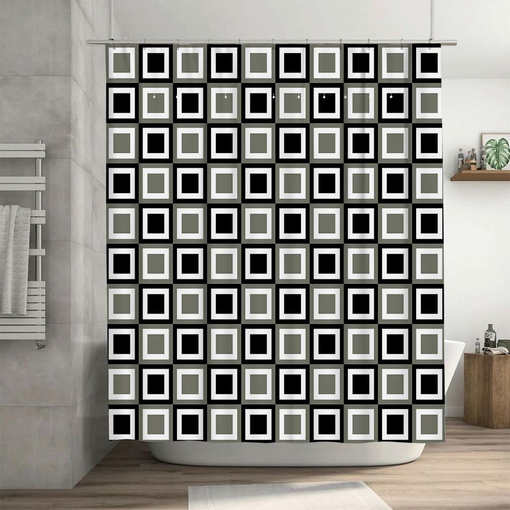 Modern Black White Gray Geometric Squares Shower Curtain Decorative Bathroom Waterproof Fabric Available In Various Sizes (Large