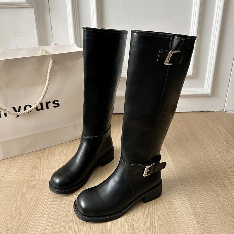 Vintage Belt Buckle Women Knight High Boots Concise Slip On Thick Heels Shoes Fashion Banquet Party Long Botas Mujer