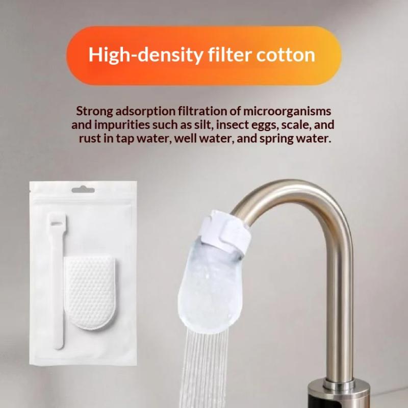 Water-Saving Universal Faucet Filter with Splash-Proof Cotton Bag and Secure Strap for Bathroom