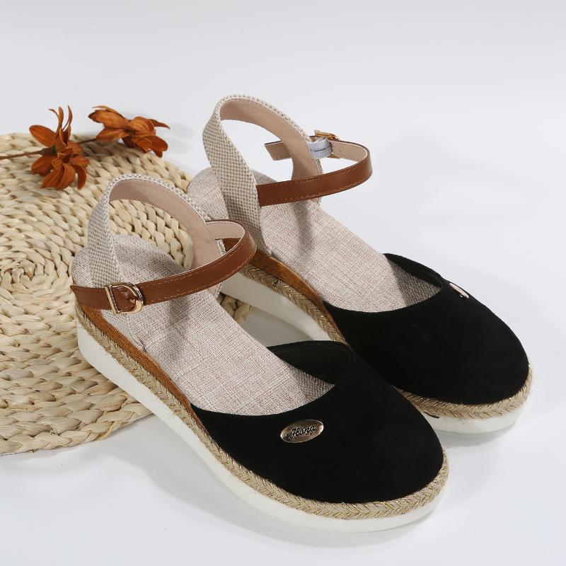 Sommer Damen Leinen Uni 6cm Keilsandalen Bohemian Handarbeit Damen Lässig Bequem Espadrilles Plateau Pumps Schuhe