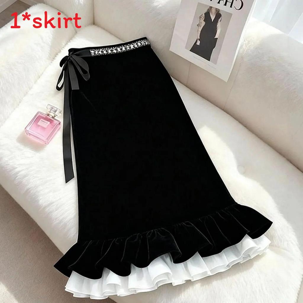 Cotton Blend Velvet Midi Skirt With Lace Trim For Elegant Ladies Spring Autumn Wear