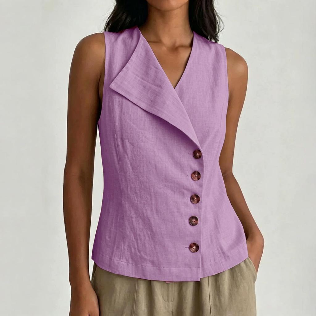 Blusa casual de lino para mujer sin mangas, con botones al frente, cuello en V, ligera, de verano, con cuello asimétrico