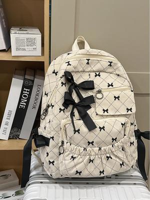 Bow Print Backpack for Junior/Senior High School, Versatile Casual Double-Compartment Student Bag