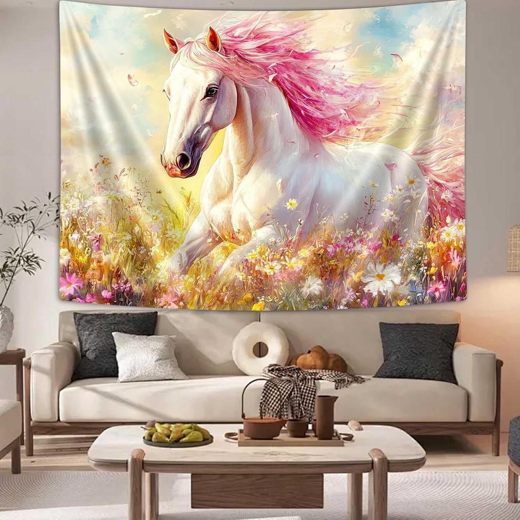 Horse Tapestry,Watercolor Wild Animal Tapestry Wall Hanging,Pink Colorful Flower Tapestry,Wall Art Home Decor For Bedroom Living