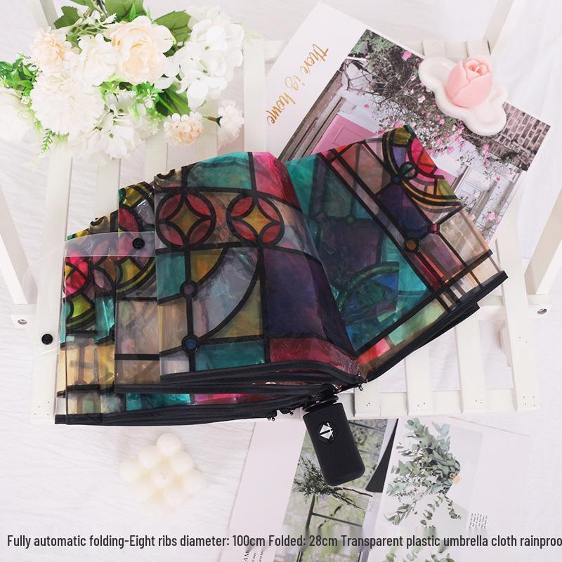 Japanese Forest Style Transparent Cherry Blossom Umbrella with Arched Long Handle for Students