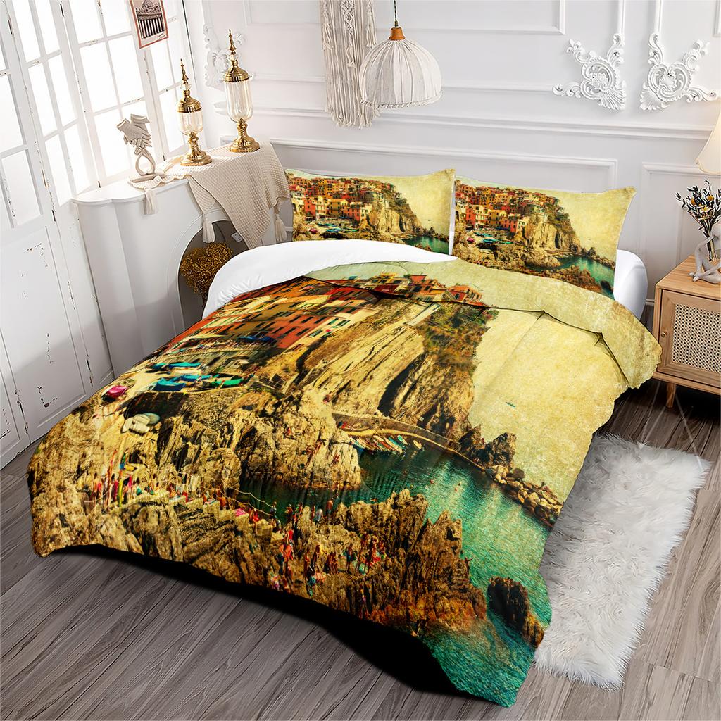 Three-piece Digital Printing Quilt Cover Set with Seaside City Scenery
