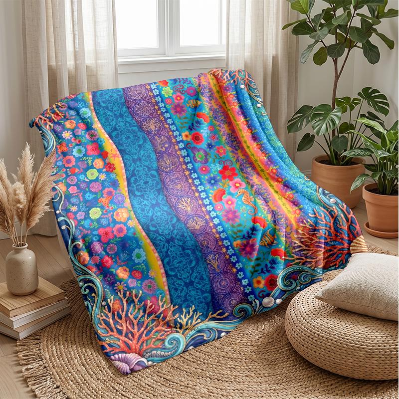 Ocean Floral Art Theme blanket Lightweight Warm Flannel Blanket Decorative Throw Blanket for Home Decoration