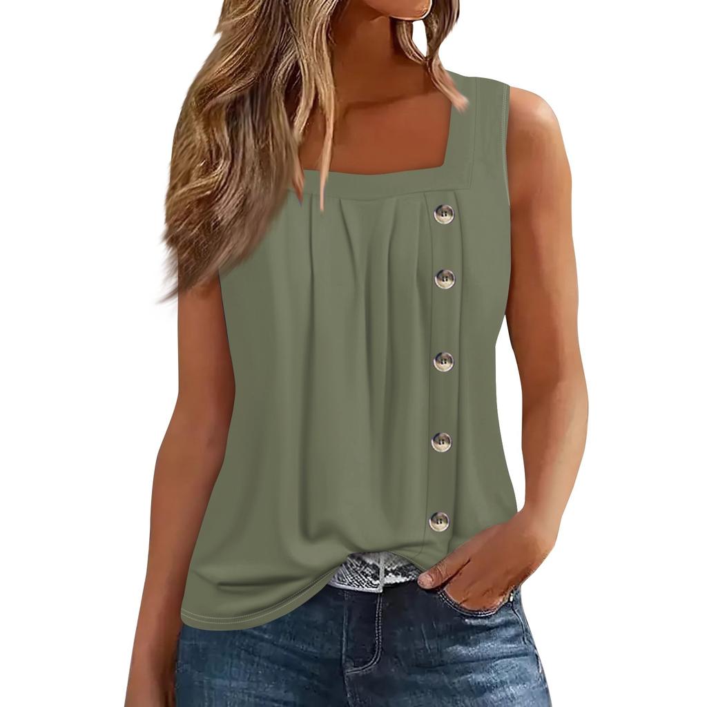 Moda Femei Ocazional De bază Plisat Simplu Nasturi Guler Pătrat Fără Mâneci Vestă Imprimat Vară Maiuri