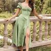 European and American Pastoral Style Sexy Square Collar Lace-up Small Floral Print Slim fit Puff sleeve Temperament High Slit Dress Women