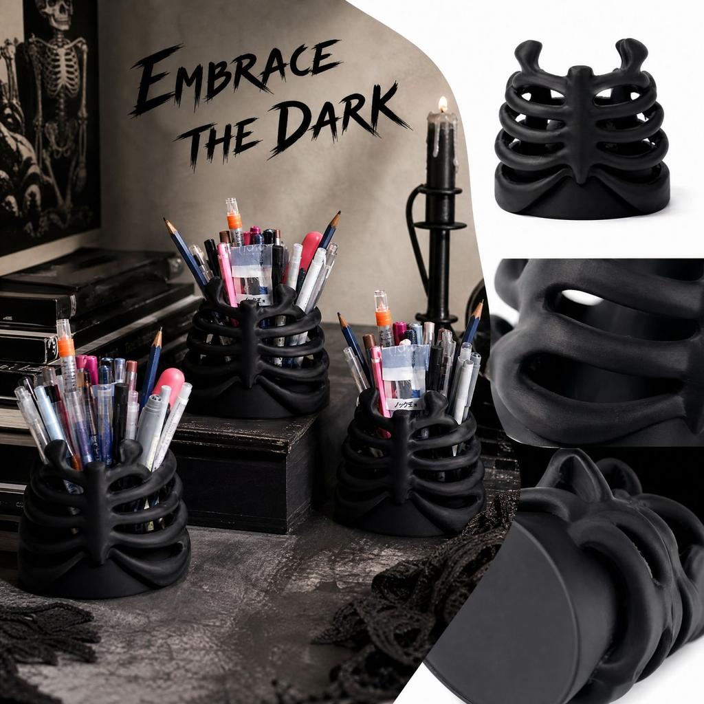 Black Gothic Ribcage Pen Holder for Desk Organization Decor