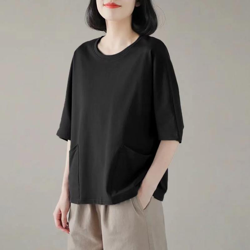 Foreign Pocket Design Sensual Versatile Short-sleeved Top Summer New Crew Neck Women's Clothing