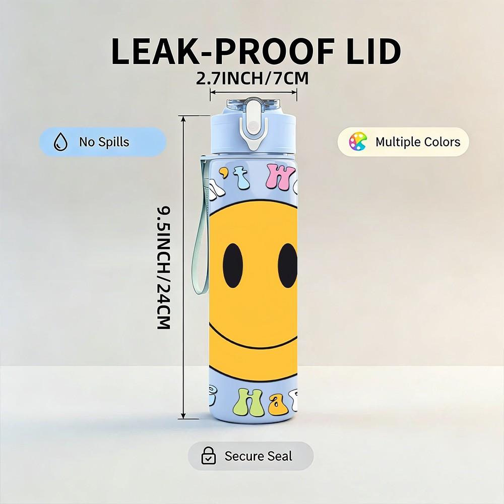 1PC Smiley Face Retro Simple Slogan Art Print 750ml Color Plastic Sports Water Bottle Leakproof Flip Straw Lid Suitable for Sports Office Home Use