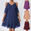 Women's V Neck Cold Shoulder Mini Dress Loose Solid Chiffon Elegant Summer Sundress