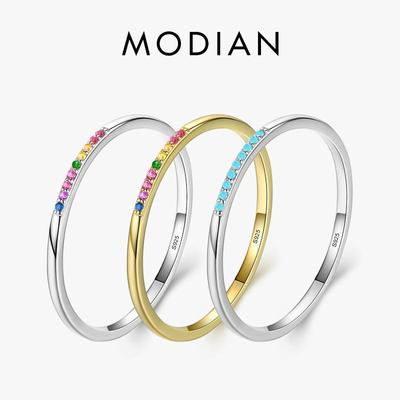 Modian New Real 925 Sterling Silver Trendy Rainbow CZ Stackable Colorful Finger Rings For Women Female Wedding Statement Jewelry