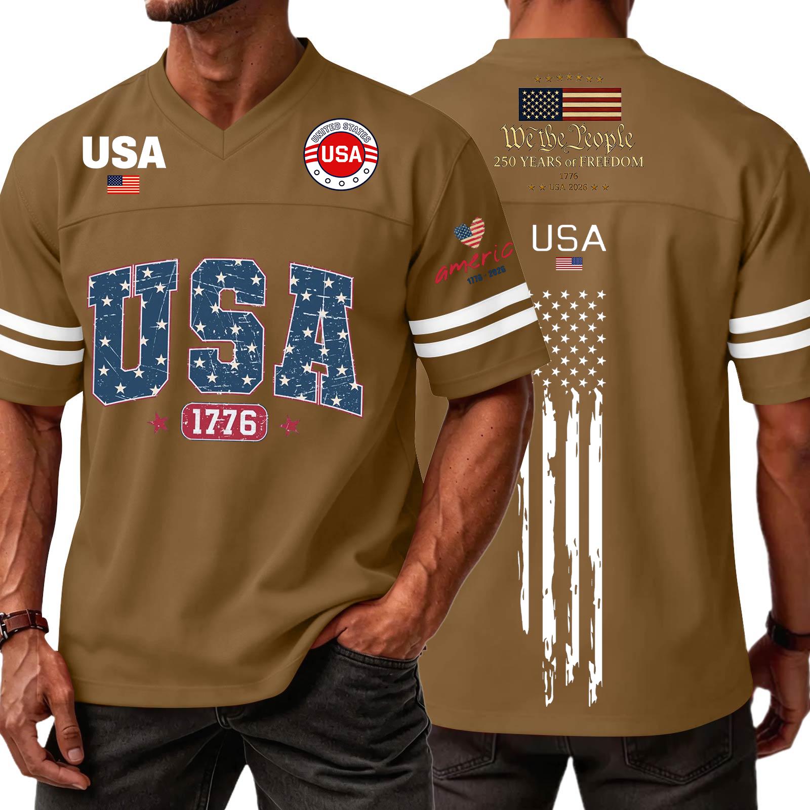 

Мужская повседневная модная спортивная футболка с V-образным вырезом, коротким рукавом и принтом ко Дню независимости, топ L коричневый