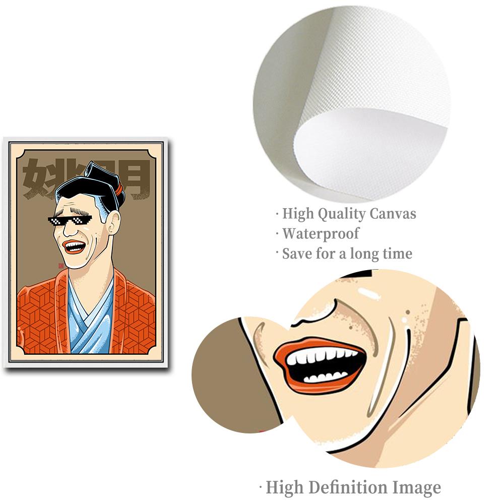 Zabawny człowiek śmiejący się mem inspirowany plakatem w stylu japońskim obraz na płótnie człowiek pijący herbatę obraz ścienny kuchnia pokój wystrój domu