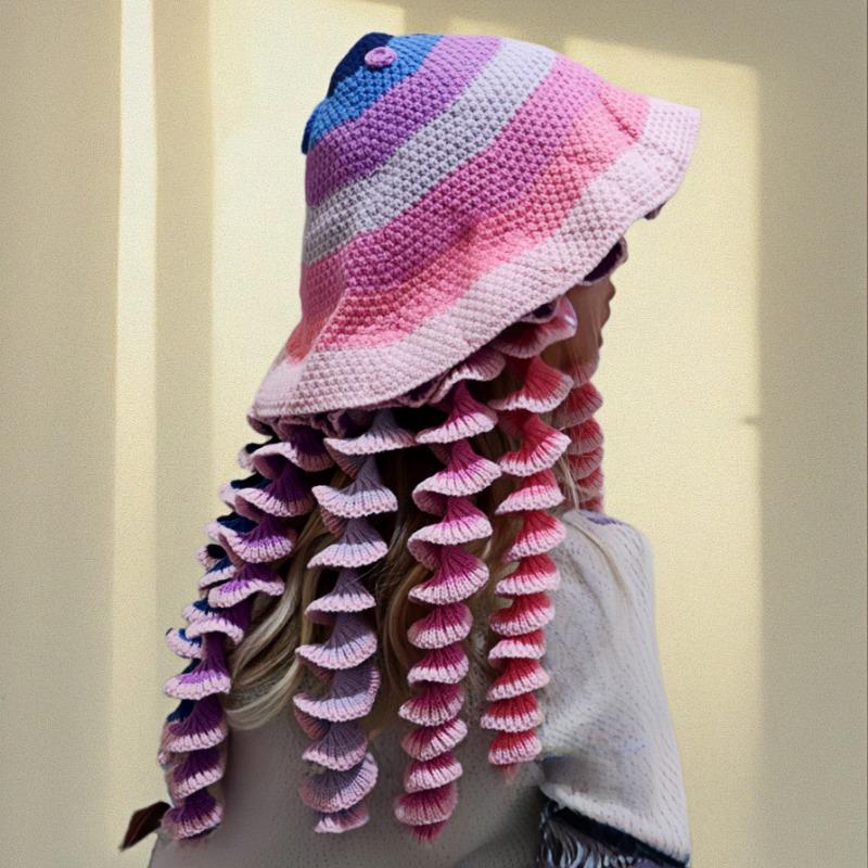 

Hat Ladies Cute Jellyfish Hat Long Tentacles Spiral Hat Color Knitted Hat Wide Brim Fun Warm Hat M（56-58cm）