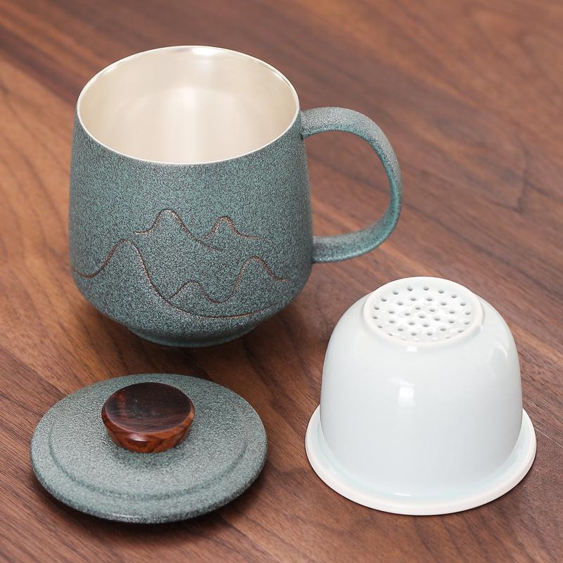 Handmade gilt silver creative ceramic mug gift box set 999Silver-plated office cup with lid, tea-water separation brewing cup