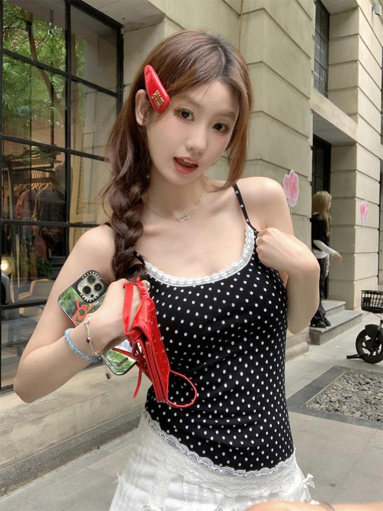 Summer Korean Style Polka Dot Lace Splice Cotton Camisole Top